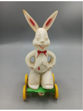 Vintage 50s Rosbro Rosen Easter White Bunny Rabbit Candy Container Cart Toy